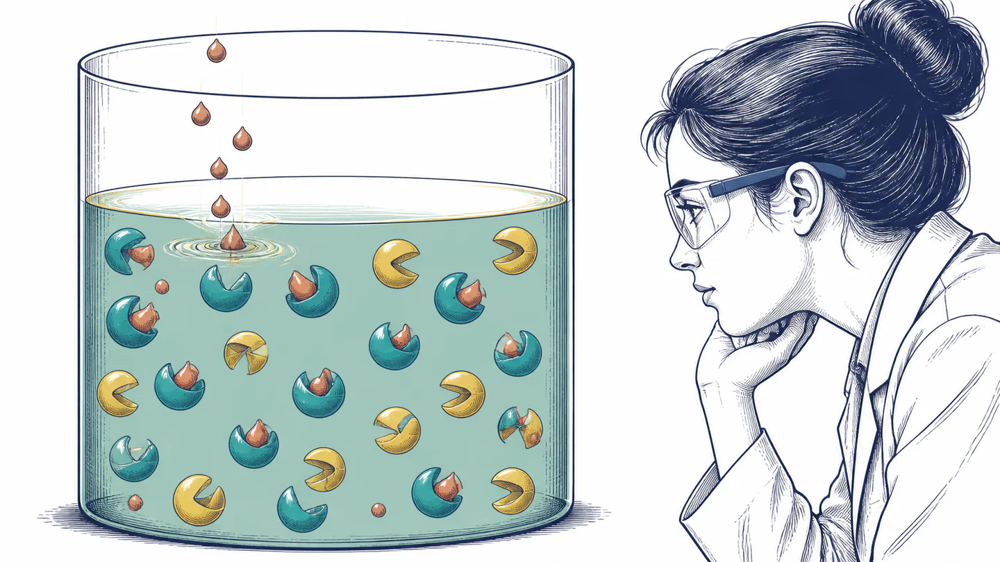 Small terracotta acid droplets enter a teal solution where paired shapes absorb them while a scientist watches