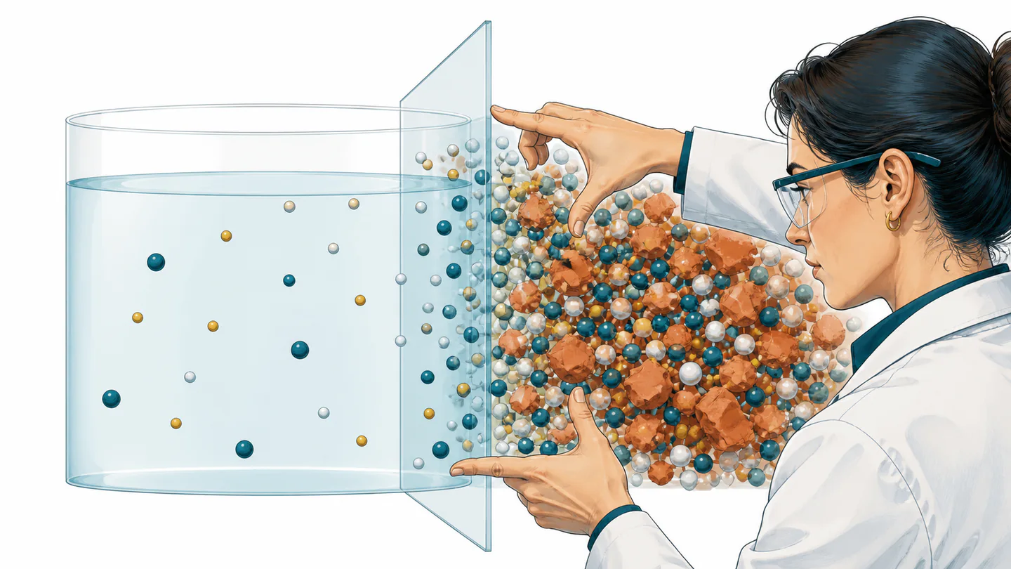 A researcher frames the transition between a dilute solution with sparse ions and a crowded multicomponent ionic solution