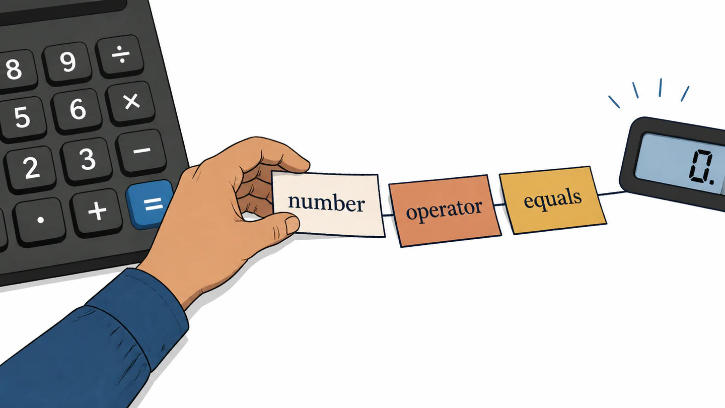 A hand arranging number, operator, and equals tiles into a sentence beside a calculator keypad