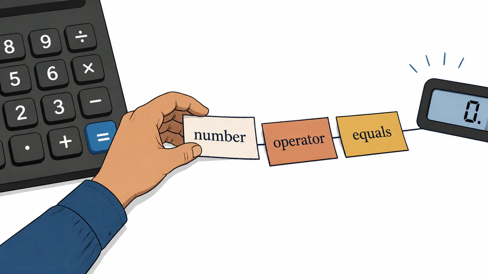A hand arranging number, operator, and equals tiles into a sentence beside a calculator keypad