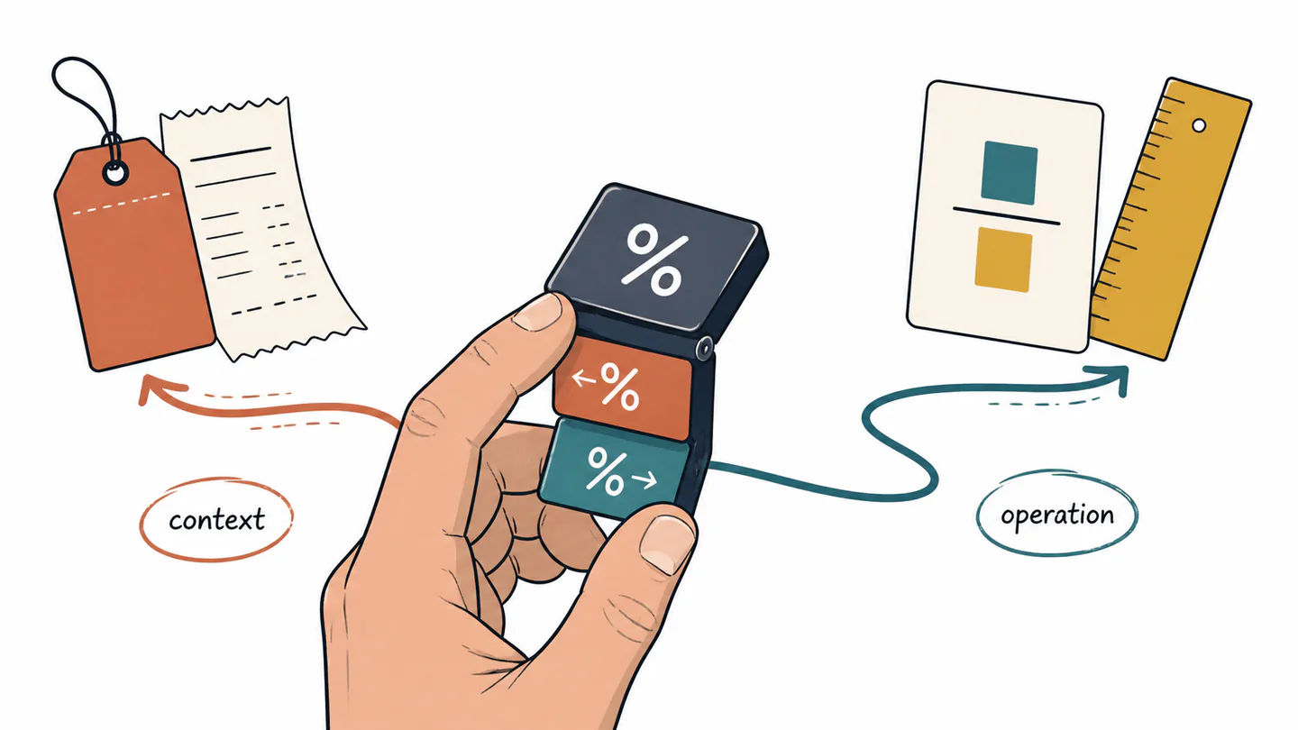 A hand turns a percent key while one path leads to a receipt and another to a ratio card