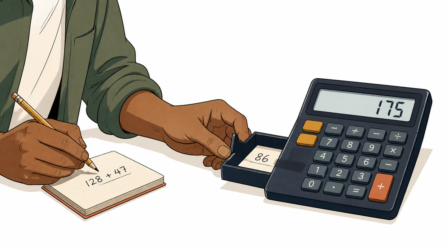A person opens a calculator memory drawer to reveal an older stored value beside the current calculation