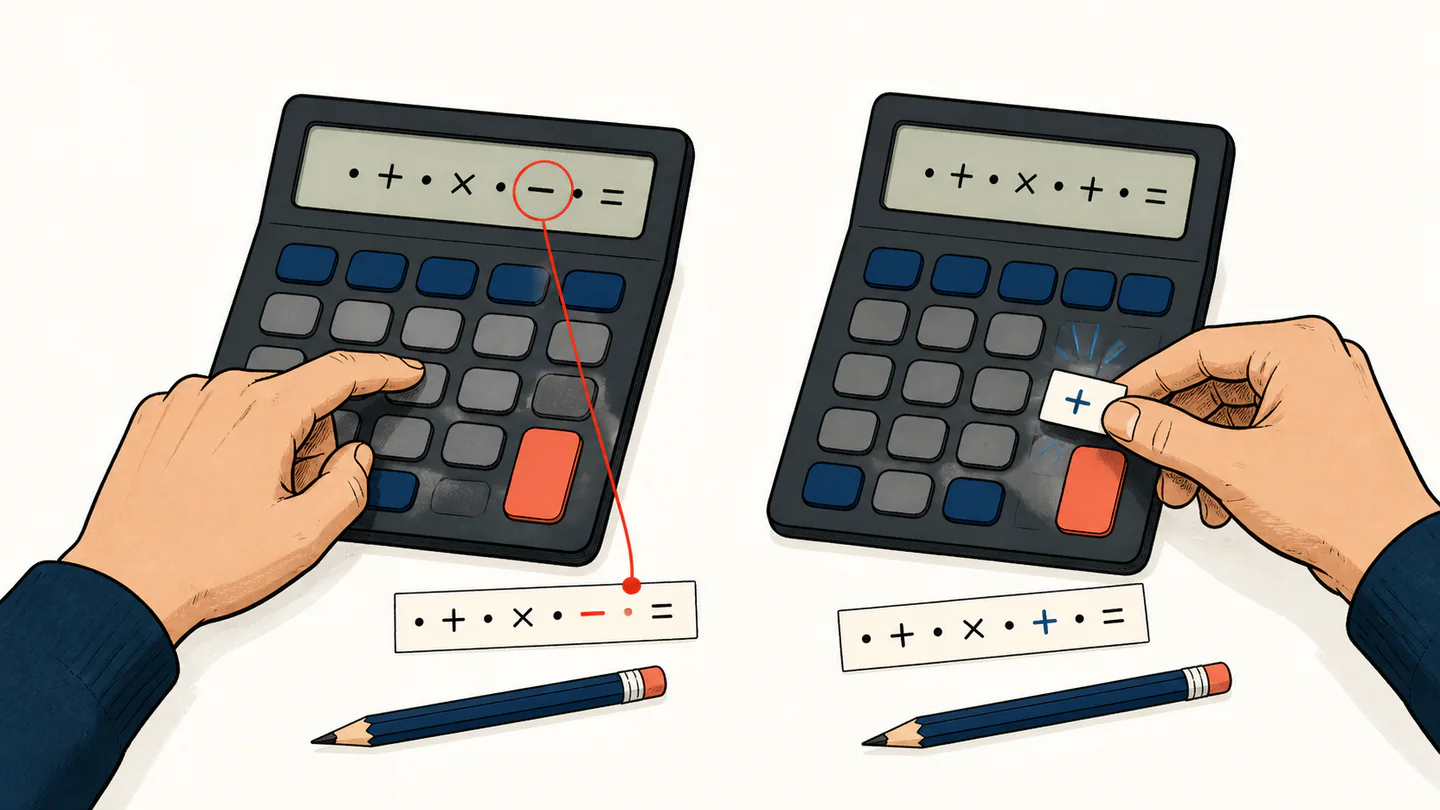 A hand follows a marker back to the offending symbol in a calculator expression