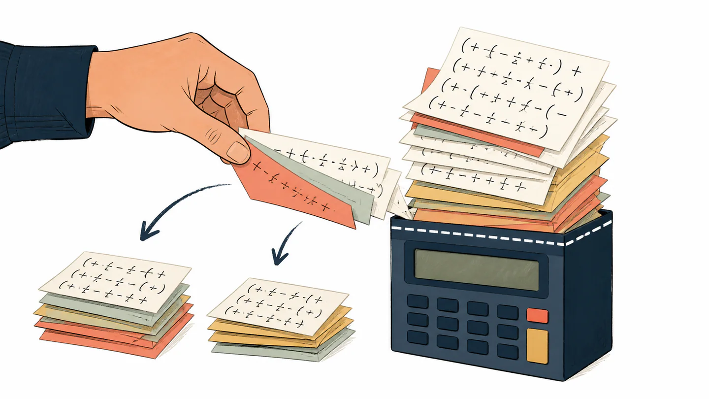 A hand splits an overloaded stack of calculator expression cards into two smaller calculations