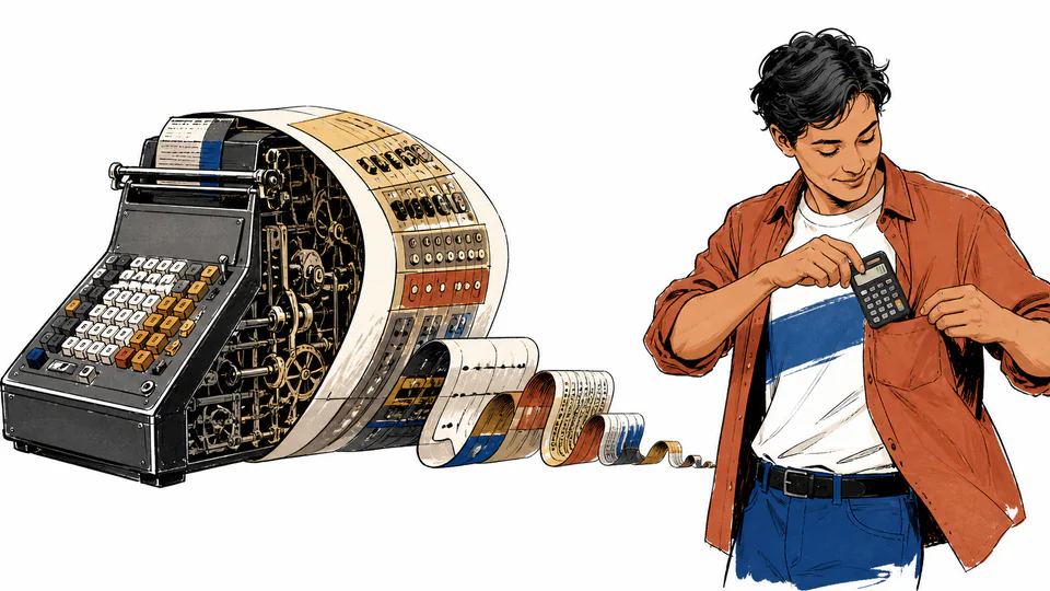 A large mechanical calculating machine folding into a pocket calculator