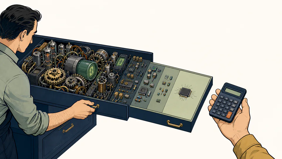 Bulky gears and electronic components progressively shrinking into one chip inside a handheld calculator