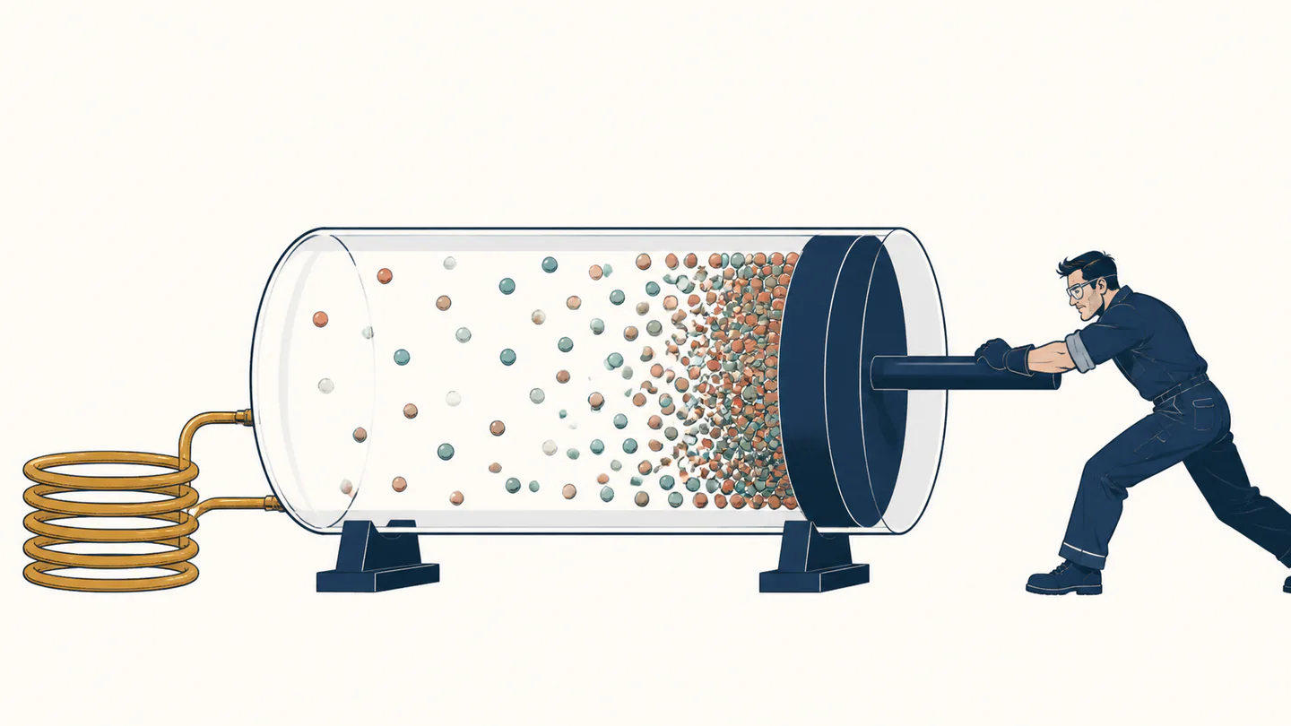 An engineer pushes a navy piston into a transparent cylinder where teal and terracotta gas particles become crowded, with a mustard heating coil attached at the far end