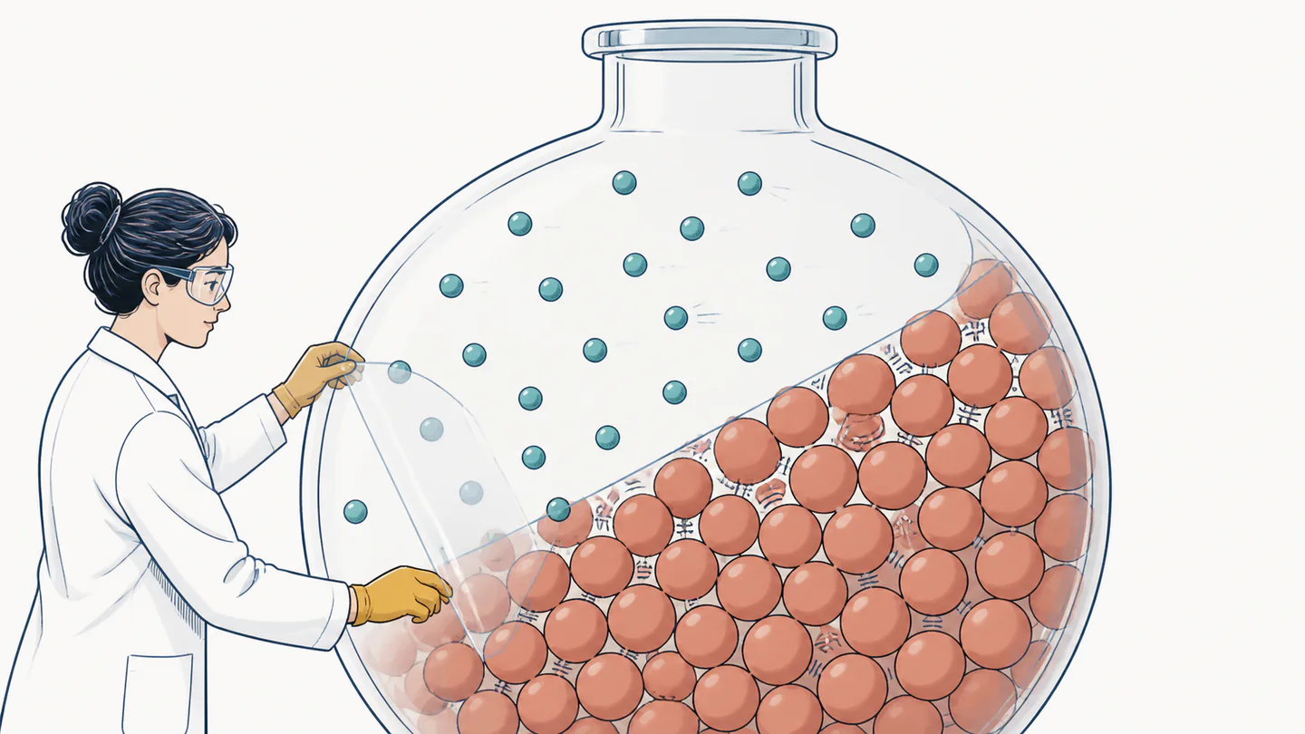 A researcher holds a transparent boundary sheet through a laboratory bottle, separating freely moving teal particles from crowded terracotta particles with visible interactions