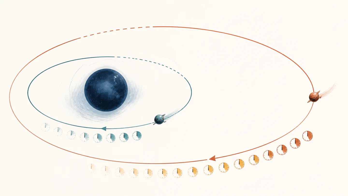 Two elliptical orbits of different size circling a dark central body, with a longer sequence of clocks along the larger orbit