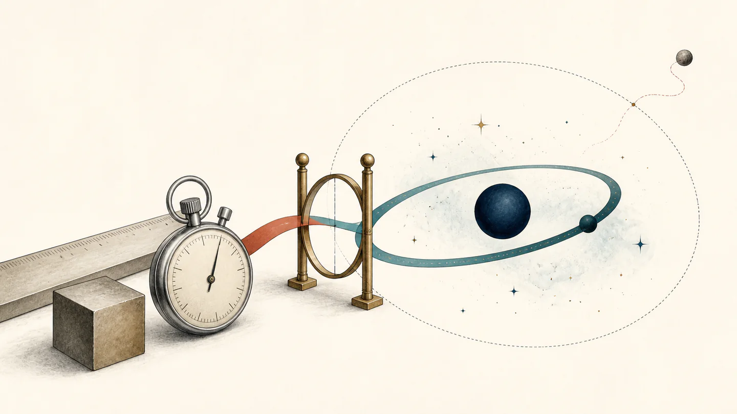 A ruler, stopwatch, and mass block passing through a calibration gate into a two-body elliptical orbit, with a third body outside a dotted boundary