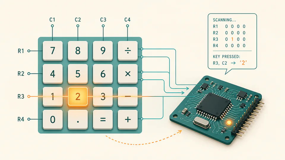 A scan line crossing a calculator key matrix to identify one pressed key