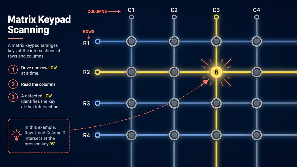 Rows and columns crossing like a city map with one illuminated keypad intersection