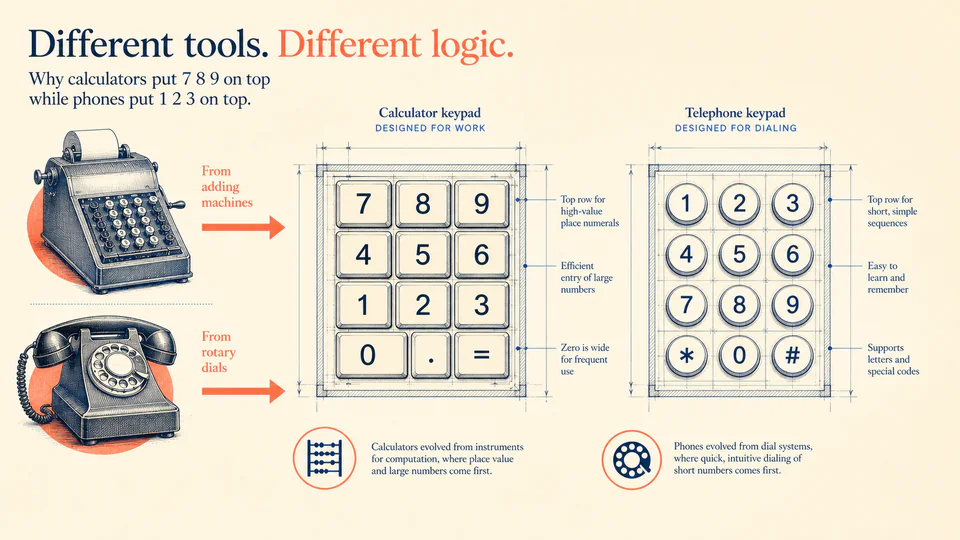 A calculator keypad and a telephone keypad shown as two different numerical layouts