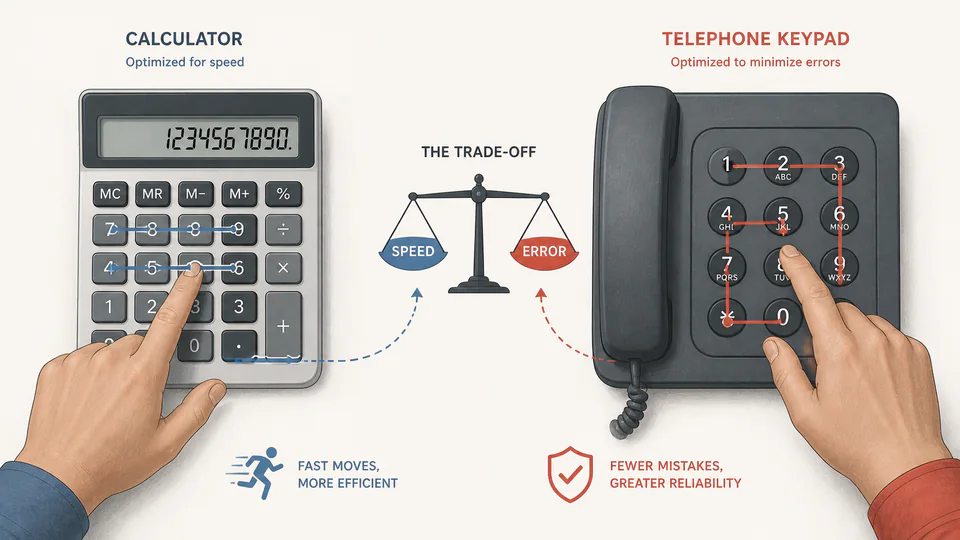 Two hands using calculator and telephone layouts with separate movement paths