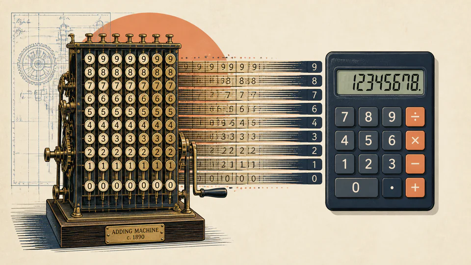 A mechanical adding machine grid transforming into a pocket calculator keypad