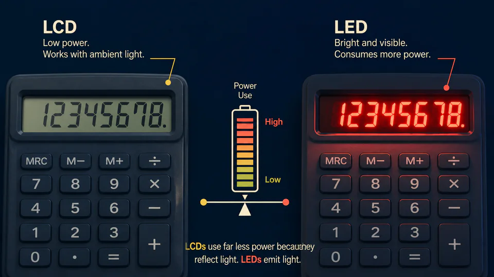 A reflected-light calculator LCD beside a brighter LED display and a battery comparison