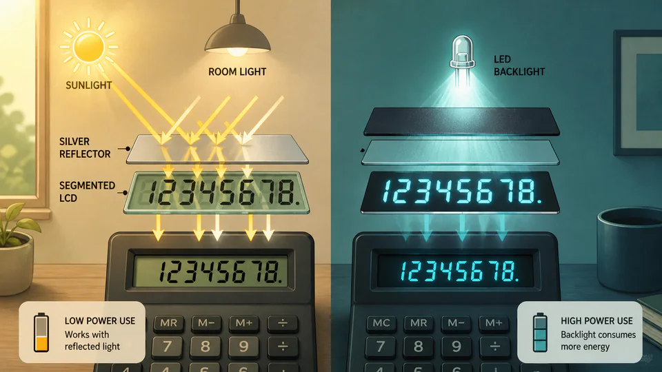 Room light and sunlight reflecting through a segmented calculator LCD