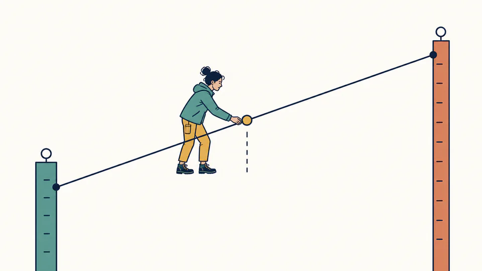 A surveyor views two measuring posts joined by a taut line with a marker between them