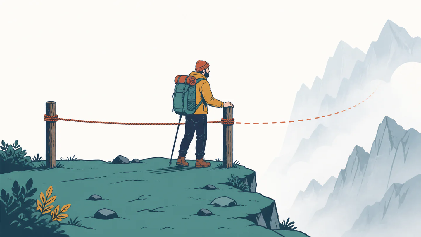 A person lays a straight ruler bridge across two cliffs while a curved river bends far below