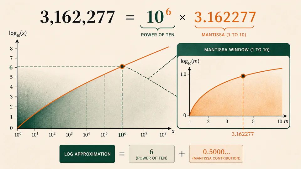 A number separated into a power scale and mantissa beside a logarithm curve