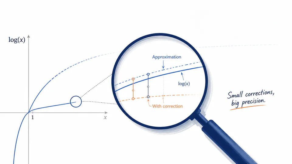 A magnifying lens revealing correction marks on a narrow section of a logarithm curve