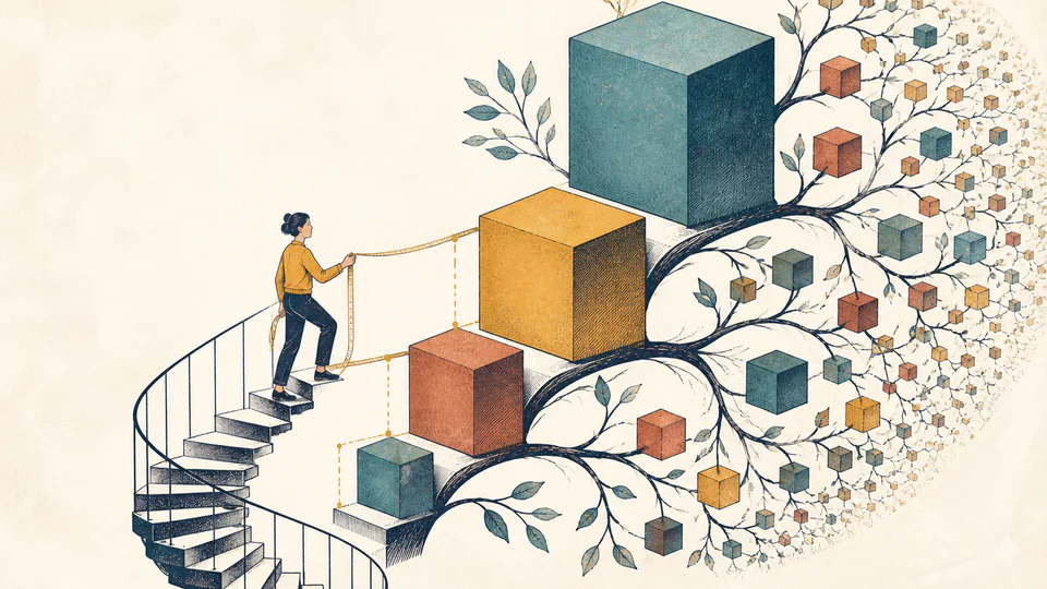 A person climbs equal staircase steps beside dramatically growing colored blocks and a branching pattern
