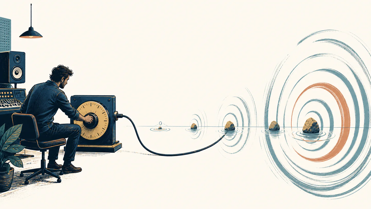 An acoustic engineer turns an analog dial while wave ripples grow dramatically around equally spaced markers