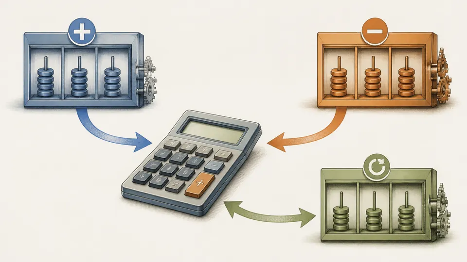 Three calculator memory registers represented as add, subtract, and recall compartments