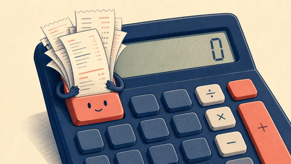 A calculator memory key holding a stack of receipts while the display remains clear