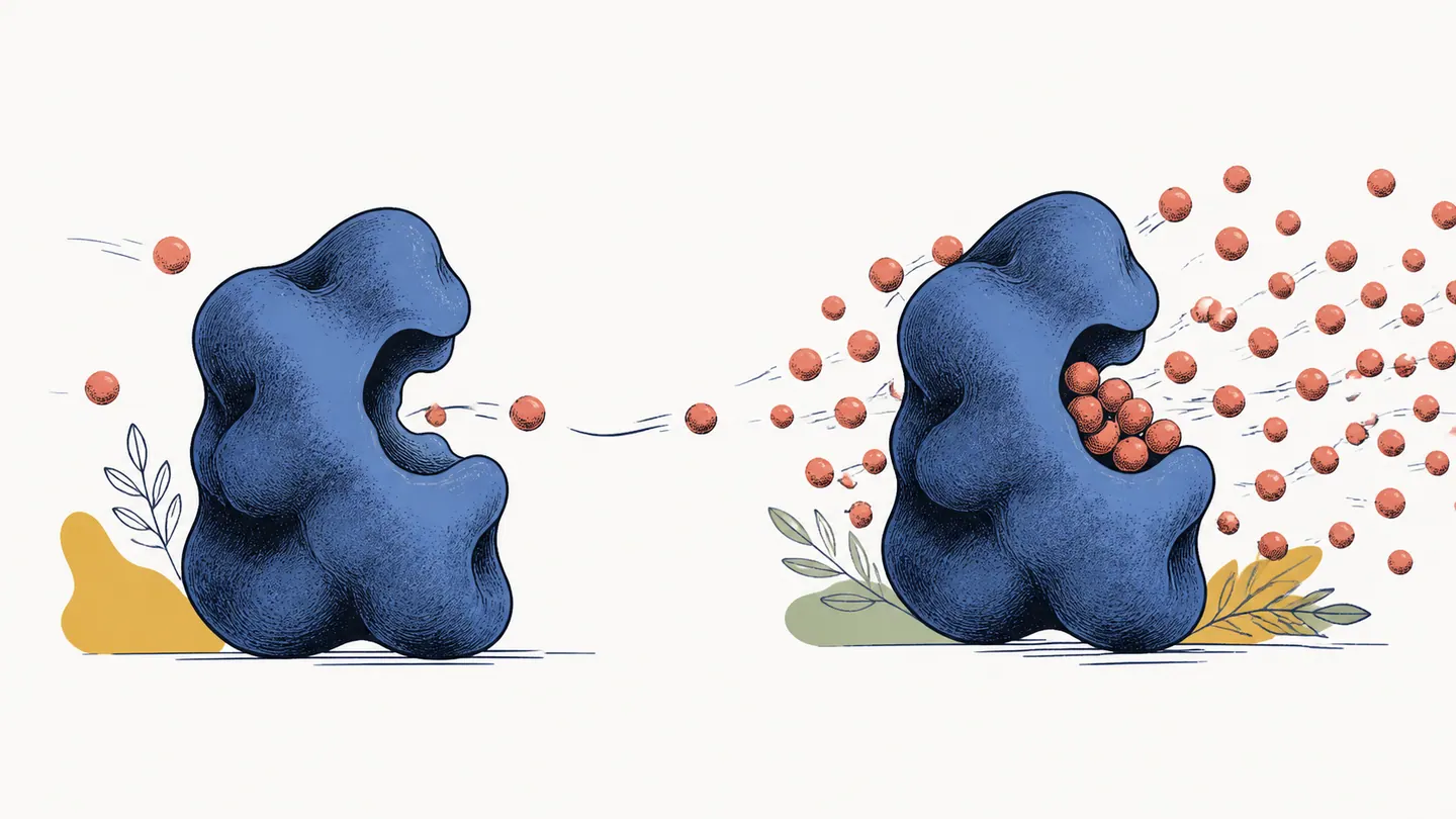A sculptural enzyme has a sparse substrate stream on one side and crowded occupied active sites on the other