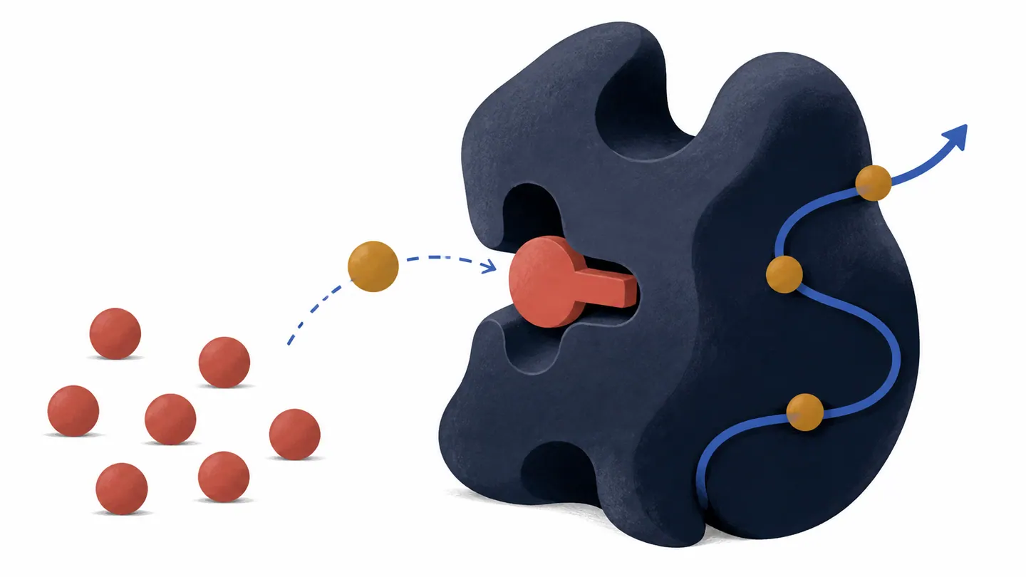A coral inhibitor plug blocks an enzyme pocket while substrate beads wait nearby and a side path remains open
