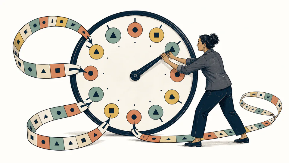 A mathematician turns a giant clock while looping ribbons of geometric tokens return to shared positions