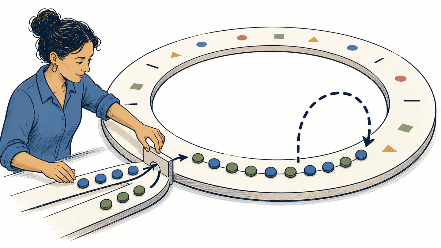 An engineer merges two streams of tokens onto a circular track where the combined group wraps around