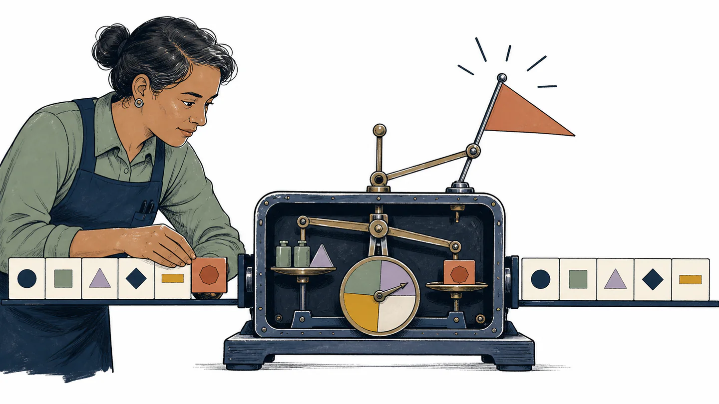 A worker feeds geometric digit tiles through a mechanical checksum gate where one misplaced tile raises a warning flag