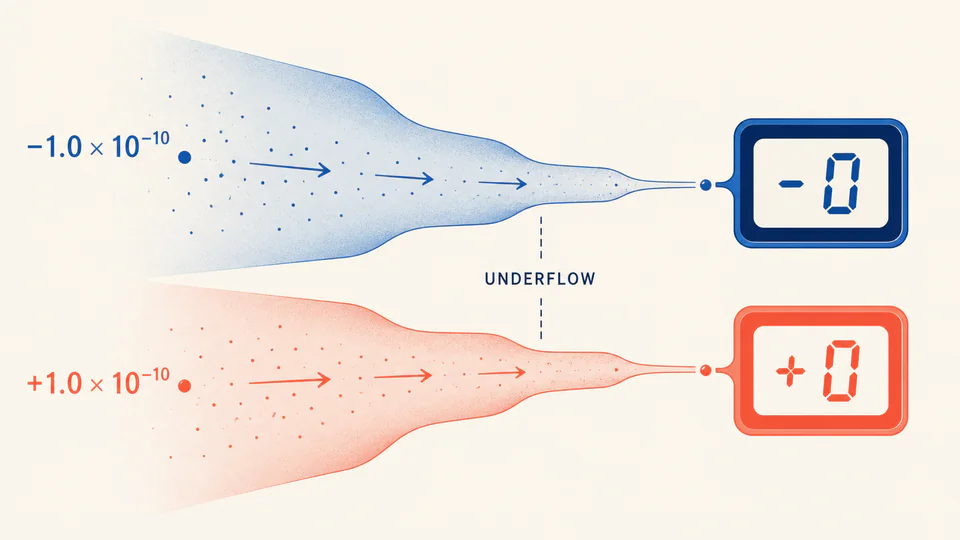 A tiny negative value shrinking through a funnel until it becomes negative zero