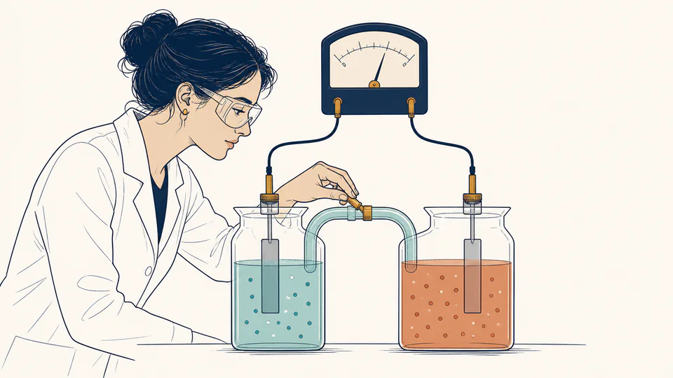 A chemist adjusts a salt bridge connecting teal and terracotta electrochemical half-cells, wired to a simple analog meter