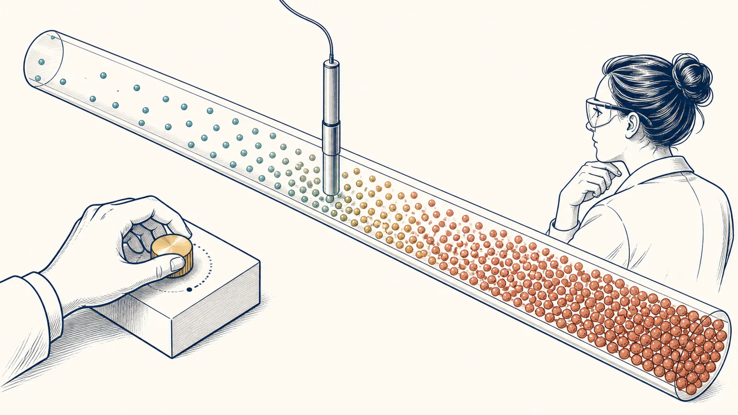A metal electrode sits in a long transparent channel where sparse teal ions smoothly become dense terracotta ions as an experimenter turns a dial