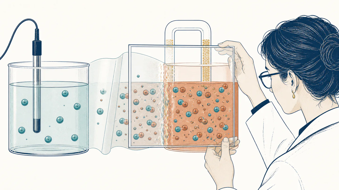 A researcher compares a clear dilute electrolyte with a crowded ionic solution through a transparent calibration frame near an interface