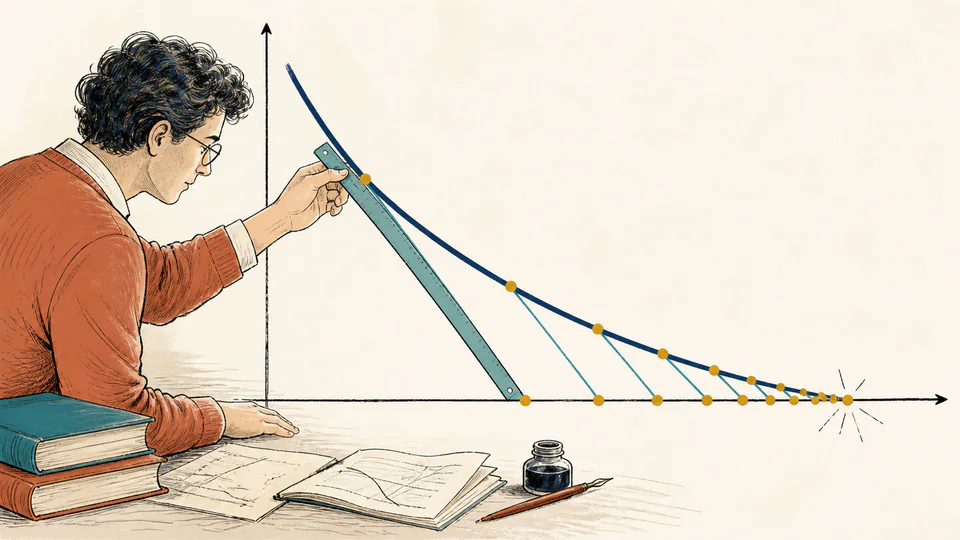 A person uses a tangent line touching a curve to locate the curve's next crossing of the horizontal axis