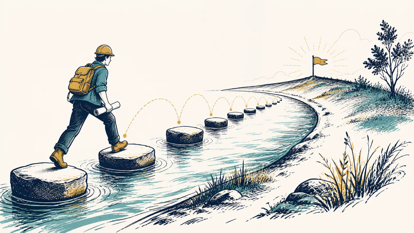 A person follows a succession of tangent-like steps that rapidly approach a marked root on a curved path