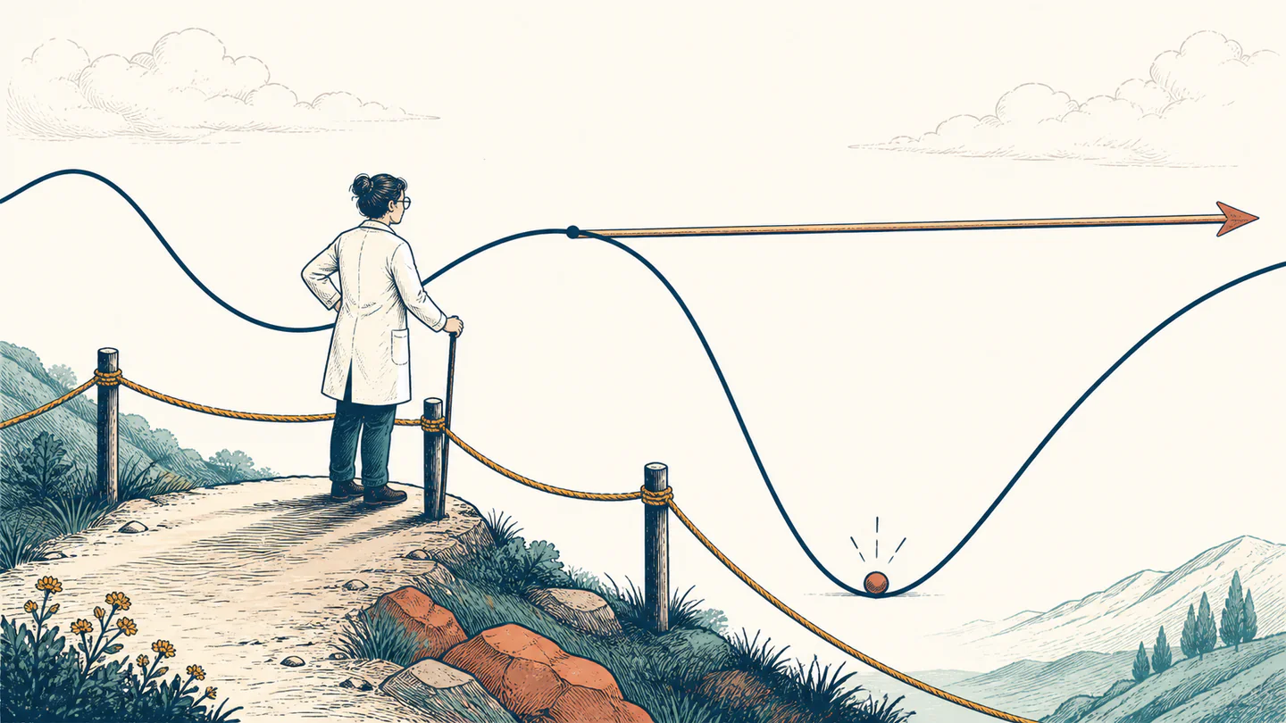 A person stands by an almost flat tangent line whose distant crossing makes the next step unreliable
