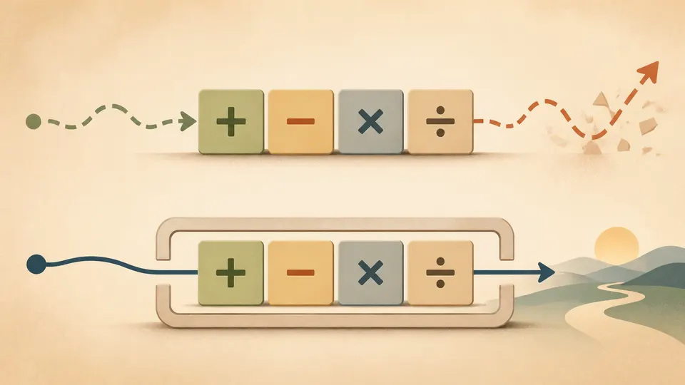 The same arithmetic tiles taking different paths when grouped inside parentheses