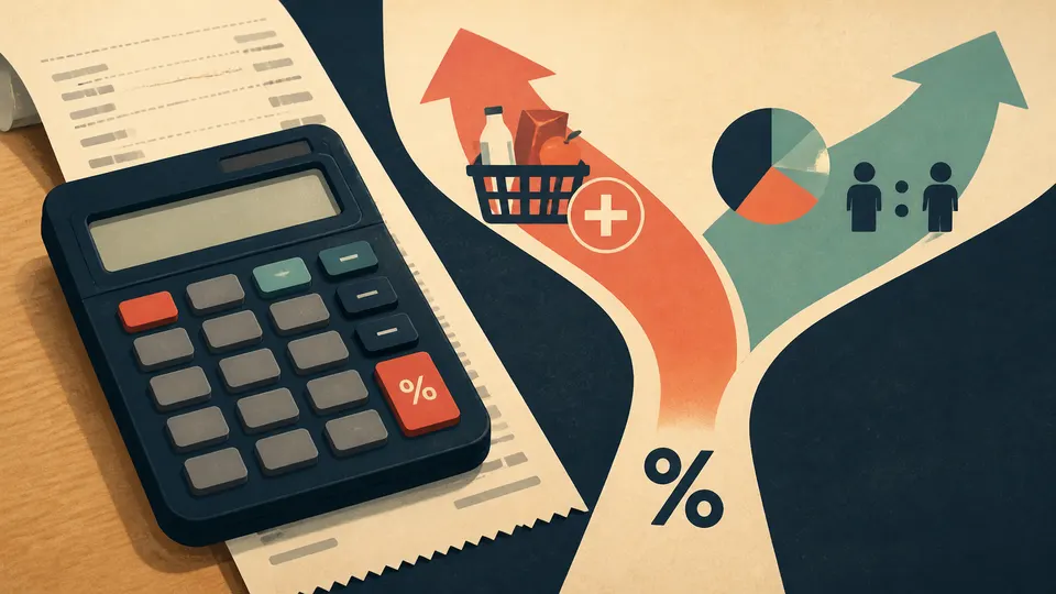 A calculator percent key at a fork between a ratio, a discount, and a percentage-of calculation