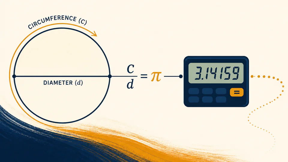 A circle ratio connected to a calculator display showing a finite pi approximation