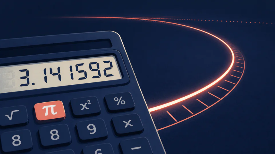 A calculator display ending at a finite pi value while a dotted circle track continues beyond it