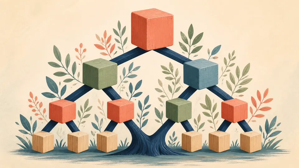 A large composite number breaking into a clean tree of prime building blocks beside a calculator