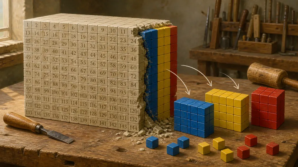 A calculator prime factorization process peeling layers from one integer until indivisible blocks remain