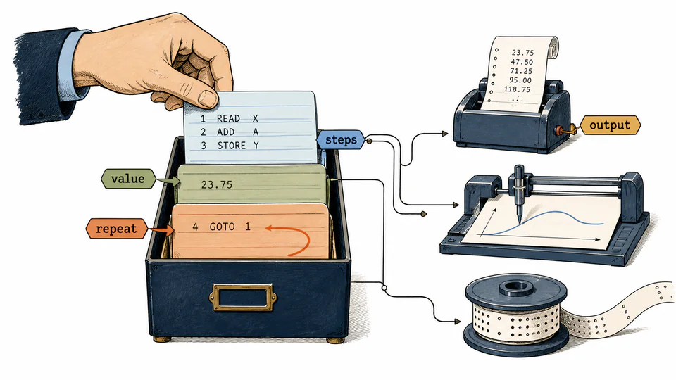 Instruction cards for values, steps, and repetition connected to printer, plotter, and storage outputs