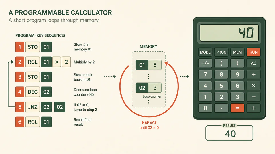 A short instruction sequence looping from new input to repeated calculation and output