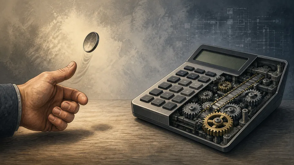 A physical coin toss beside a calculator whose random cycle is visible underneath